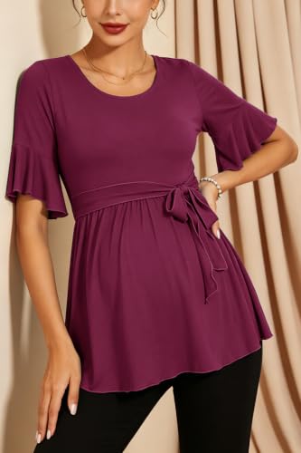 Women's Ruffle Maternity Tops Short Sleeve Wrap Tie Front Shirts Pregnancy Clothes - color: Plum, size: Medium
