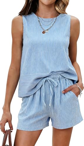 Ekouaer Two Piece Shorts Set for Women Summer Lounge Set Casual Outfits - color: Blue, size: XX-Large