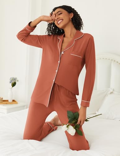Ekouaer Womens Pajamas Set Button Down Long Sleeve Top & Pants Lounge Sets - color: Caremel, size: Medium