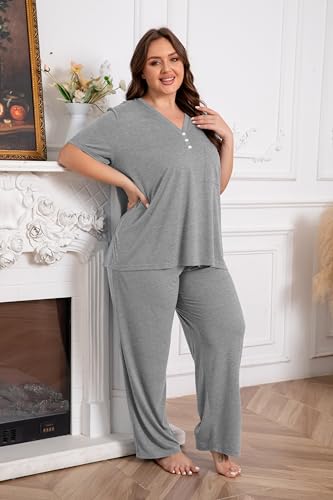 Vozanet Women's Plus Size Pajama Sets V Neck Pants Sets Solid Color Button Sleepwear Soft Loungewear Nighty with Pockets - color: Light Gray, size: 3X-Large