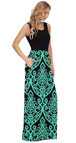 AUSELILY Women's Summer Sleeveless Loose Plain Casual Long Maxi Dresses - color: 02-black Green, size: X-Large