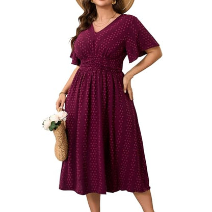 RWJ Women's Plus Size Maxi Dress V Neck Short Sleeve Swiss Dot Swing Summer - color: Wine Red, size: 3X-Large Plus