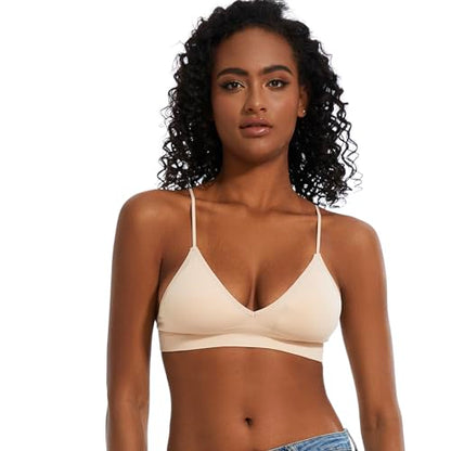 Seamless Bra for Women Low Back Bralette Wirefree Spaghetti Bra with Padded Removeable - color: Beige, size: Medium