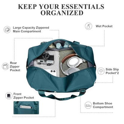 Travel Duffel Bag,Overnight Weekender Bags for Women with Shoe Compartment - color: Peacock Blue