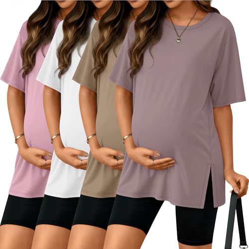 Riyiper 4 Pack Women's Short Sleeve Maternity T Shirts - color: Light Pink, White, Khaki, Gray Purple, size: Small