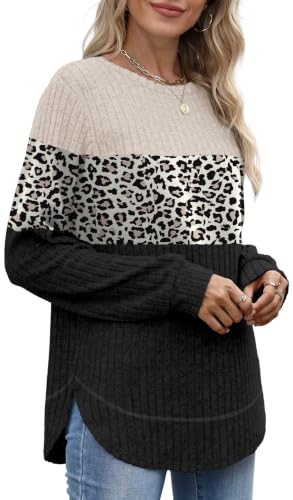 OFEEFAN Womens Sweaters Crew Neck Tunic Tops Long Sleeve Shirts Curved Hem - color: B-leopard Black, size: XX-Large