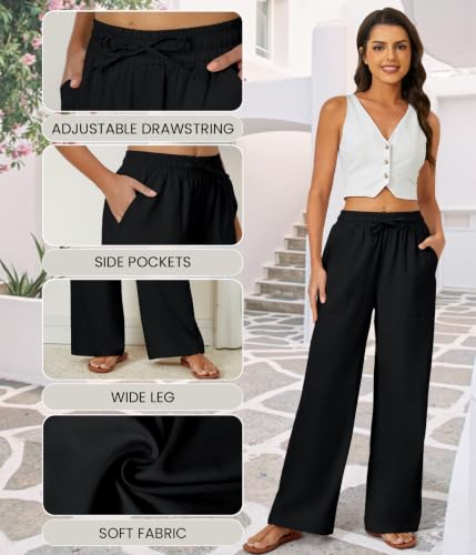 FireSwan Linen Pants Women Drawstring Elastic Waist Wide Leg Palazzo Pants - color: Black, size: Medium