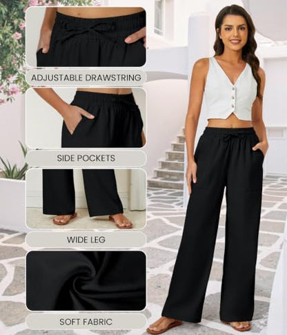 FireSwan Linen Pants Women Drawstring Elastic Waist Wide Leg Palazzo Pants - color: Black, size: Medium