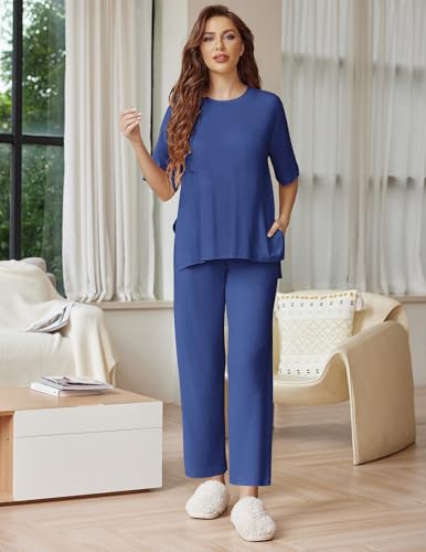 Ekouaer Lounge Sets for Women Soft Comfy Pajama Set 2 Piece Outfits - color: Navy, size: X-Large