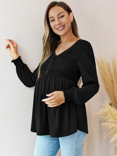 FMEYOA Maternity Tops V Neck Puff Sleeve Smocked Button Maternity Shirts - color: Black, size: Large