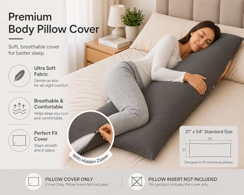 EVOLIVE Body Pillow Cover 21"x54", Microfiber Hidden Zipper (Charcoal Grey) - color: Charcoal Grey