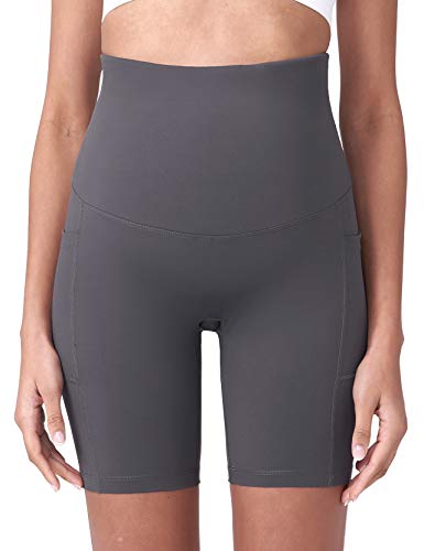 POSHDIVAH Maternity Biker Shorts Over the Belly with Pockets 5"/8" - color: Black Grey, size: Medium