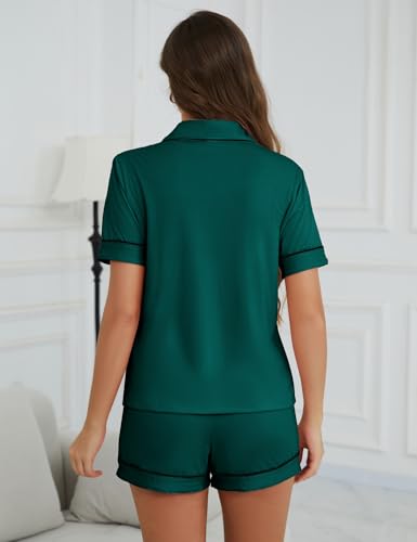 Womens Pajamas Shorts Set 2 Piece Button Down Pj Tops Lounge Sets - color: Dark Green, size: Large