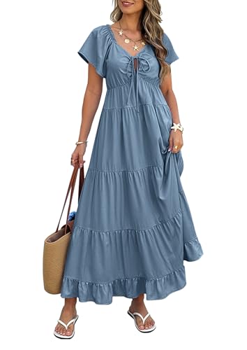 ECOWISH Womens Summer Maxi Dress 2026 Flutter Short Sleeve V Neck Tie Front Wedding Guest Vacation Tiered Flowy Dresses - color: Grey Blue, size: Medium