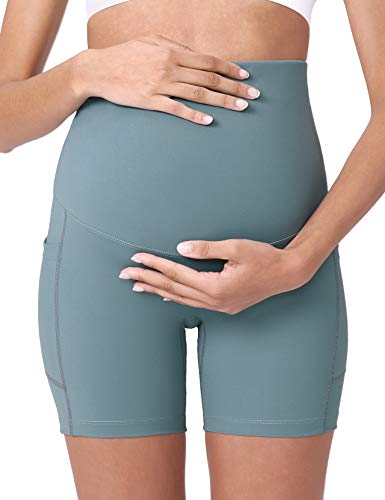 POSHDIVAH Maternity Biker Shorts Over the Belly with Pockets 5"/8" - color: Light Green, size: Medium