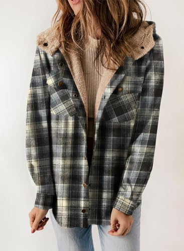 Dokotoo Womens Plaid Shacket Jacket Warm Fleece Hooded Jackets Winter Coats - color: Black02, size: Small
