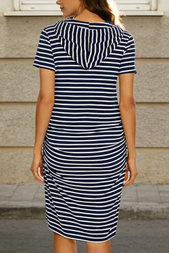 Women's Maternity Hoodie Dress Short Sleeve Split Side Ruched Pregnancy Clothes - color: Navy Stripe, size: XX-Large