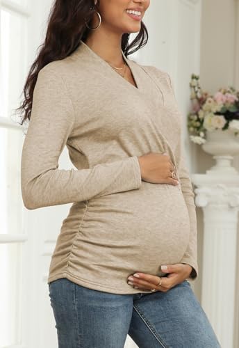 Nursing Top Cross V Neck Ruched Long Sleeve Maternity Shirt - color: Khaki, size: Large
