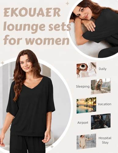 Ekouaer Lounge Sets for Women Comfy Pajamas Set 2 Piece Outfits - color: Black, size: Large