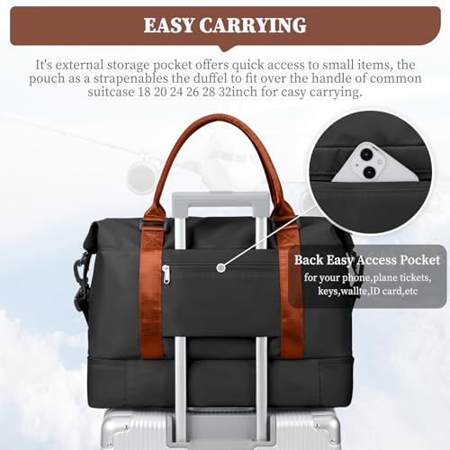 Weekender Bags for Women, Personal Item Travel Bag with Shoes Compartment - color: Black & Brown, size: Medium
