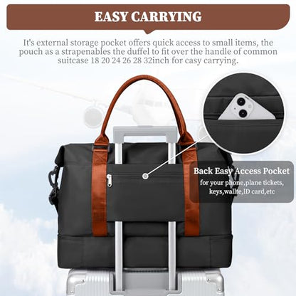 Weekender Bags for Women, Personal Item Travel Bag with Shoes Compartment - color: Black & Brown, size: Medium