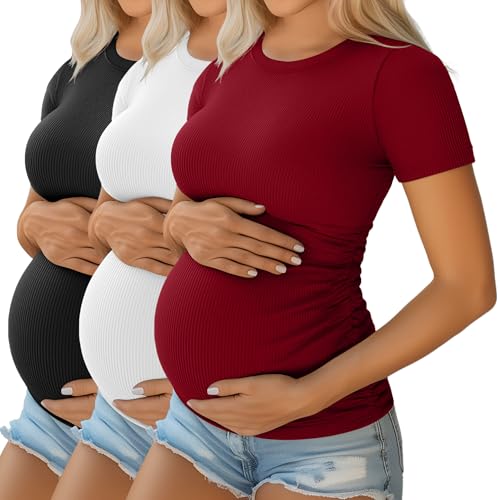 Ficerd 3 Pack Women's Short Sleeve Maternity Shirts - color: Black, White, Burgundy, size: Large