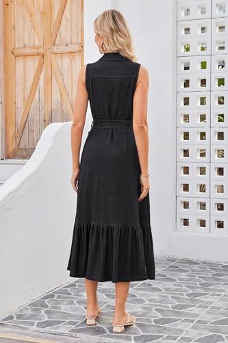 OUGES Womens 2025 Spring Maternity Dress Polo V Neck Sleeveless Ruffle Button Pregnancy Casual Work Dress with Pockets - color: Black, size: XX-Large