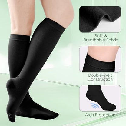 2 Pairs 20-30mmHg Knee High Compression Socks for Women,Closed Toe - color: Black, size: Medium
