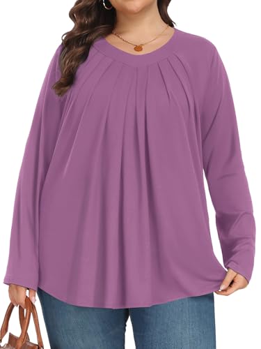 Tencede Womens Plus Size Tops Long Sleeve Shirts V Neck Tunic Blouses 1X-5X - color: Light Purple, size: 4X-Large
