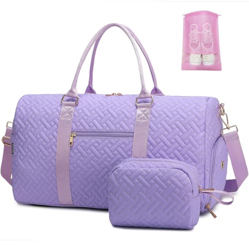 Duffle Bag for Travel, Weekender Bag with Shoe Compartment, Carry On Overnight Bag for Women with Toiletry Bag, 50L Gym Bag with Wet Pocket, Hospital Bags for Labor and Delivery Pink - color: style2-Purple, size: Regular