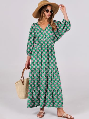 ANRABESS Womens Boho Floral 3/4 Puff Sleeve Maxi Dress - color: Green, size: Medium