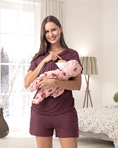 Rnxrbb 3 Piece Maternity Nursing Pajamas Set for Women Postpartum Pjs - color: Dark Purple, size: Large