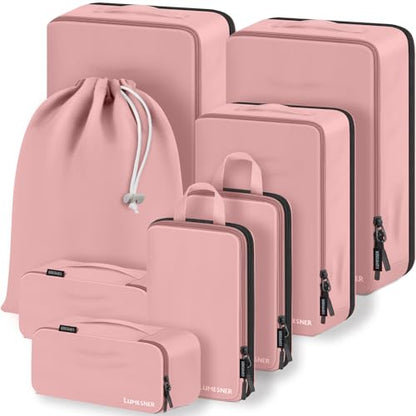 Lumesner 8 Set Compression Packing Cubes, Travel Suitcase Organizers - color: Pink