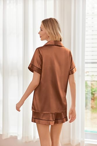 Ekouaer Womens Silk Satin Pajama Sets Soft Short Sleeve Button Up Sleepwear - color: Brown, size: Medium