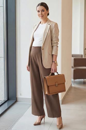 OUGES Women's Linen Maternity Pants Casual Work Adjustable Waist Straight Leg Business Office Trousers with Pockets - color: Dark Brown, size: X-Large