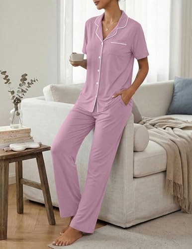 Womens Pajamas Sets 2 Piece Button Up Pj Sets Short Sleeve with Long Pant - color: Bean Pastes, size: XX-Large