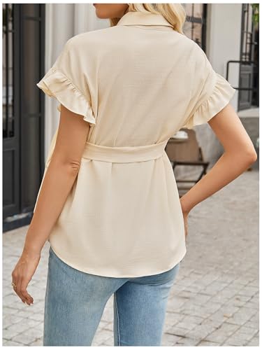 MakeMeChic Women's Maternity Nursing Work Blouse Pregnancy Ruffle Tops - color: Beige, size: Medium