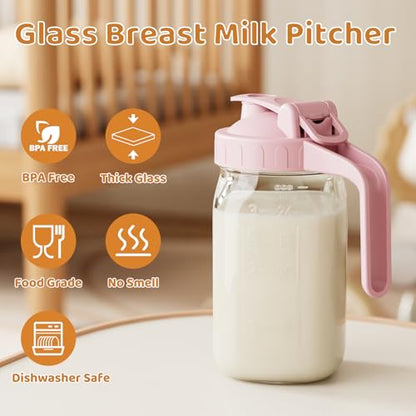 32 oz Breast Milk Pitcher, Glass Mason Jar Pitcher with Lid - color: Pink, size: 32 Ounces