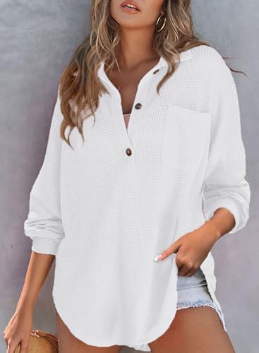 Astylish Women Waffle Knit Tops Henley Shirts - color: White, size: Medium
