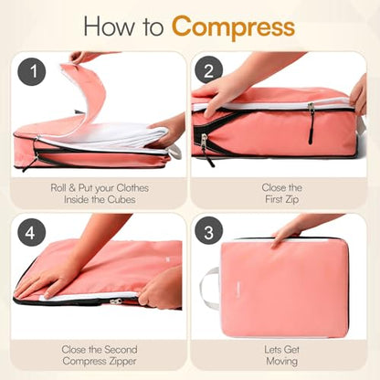 6 Set Large Compression Packing Cubes for travel. - color: Dusty pink