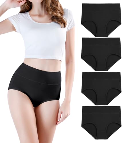 wirarpa Women's Cotton Underwear High Waisted Ladies Panties Full Coverage Briefs 4 Pack (Regular & Plus Size) - color: Black - Set 3, size: Small