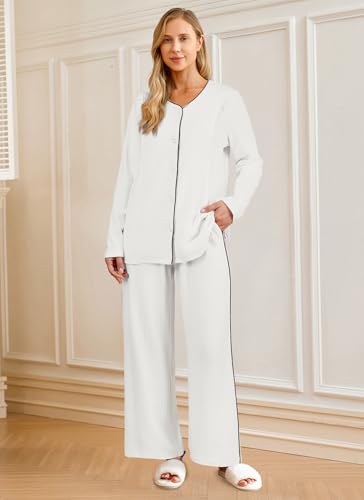 OUGES 100% Cotton Women's Maternity Nursing Pajamas Sets Button Down Breastfeeding Loungewear Top & Pants with Pockets - color: White, size: Small