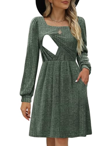 CzzzyL Womens Nursing Fall Dresses Square Neck Knit Sweater with Pockets - color: Deepgreen, size: Small
