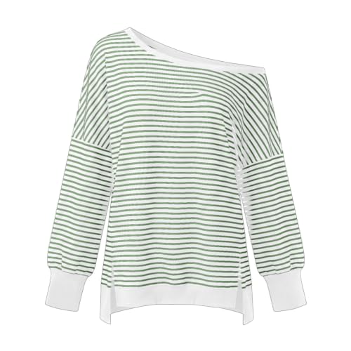 Fall Tops for Women 2026 off Shoulder Striped Top Long Sleeve Pullover Tops - color: Green, size: Small
