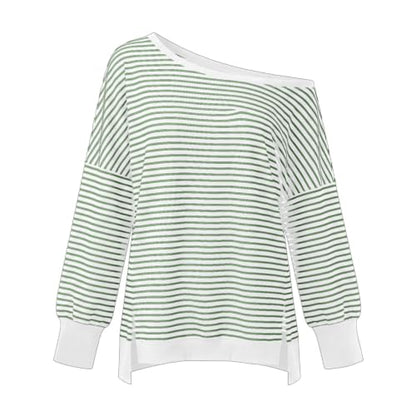 Fall Tops for Women 2026 off Shoulder Striped Top Long Sleeve Pullover Tops - color: Green, size: Large