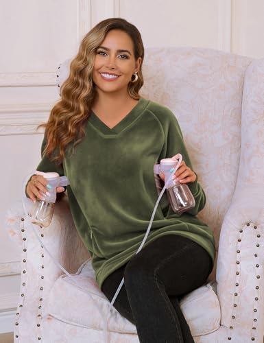 Bhome Fleece Breastfeeding Shirts Hidden Zipper Nursing Tops Pumping Friendly Sweatshirt Oversized Pullover with Pockets - color: Olive Green, size: Medium