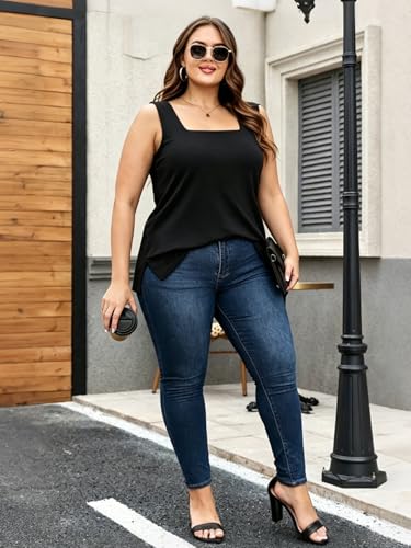 3 Pack Women Plus Size Tank Tops Basic Square Neck Sleeveless Tees - color: Black Redwood Lightgreen, size: 4X-Large Plus