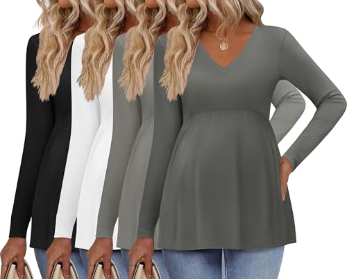 Maternity Shirts for Women Long Sleeve V Neck Fall Tops Clothes 4 Packs - color: Black/Dark Grey/Light Grey/White, size: X-Large