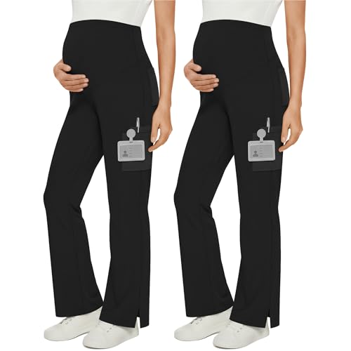 2 Pack Women's Maternity Wide Leg Cargo Scrub Pants - color: Black, size: Small