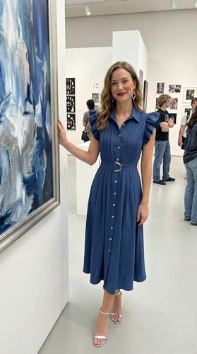 ZESICA Womens Summer Button Midi Dress Casual Work Dresses - color: Navy, size: X-Large